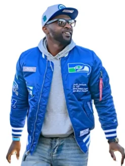 Seattle Seahawks Cliff Avril 2026 Blue Satin Bomber Jacket For Sale