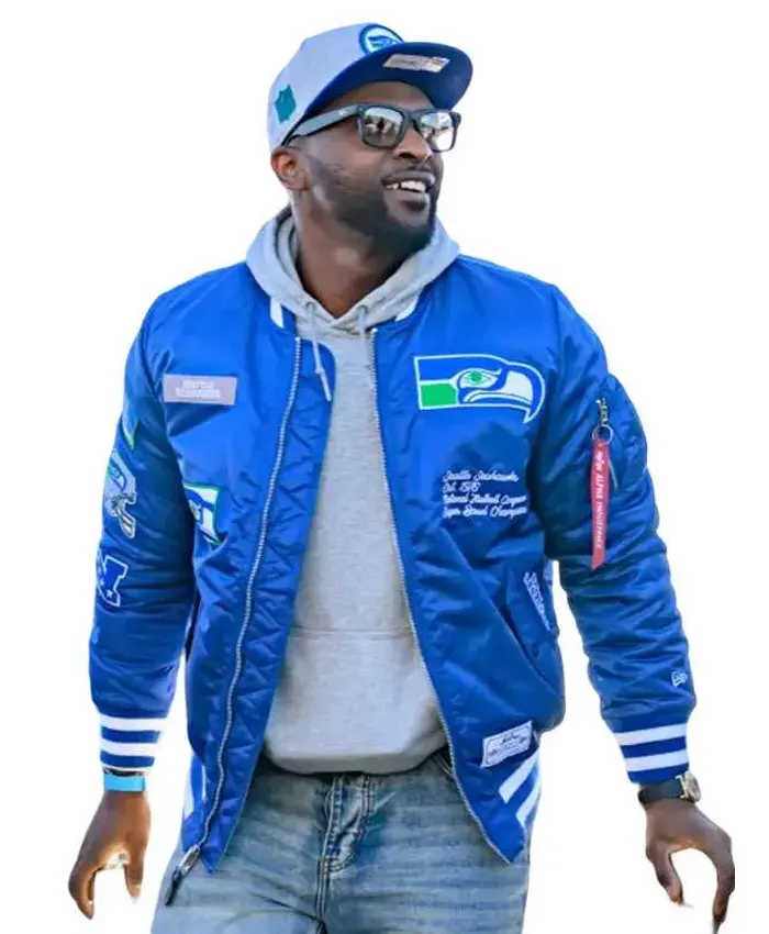 Seattle Seahawks Cliff Avril 2026 Blue Satin Bomber Jacket For Sale