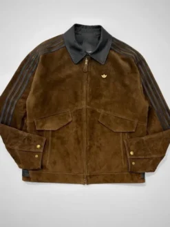 Shop Adidas Originals Refined Luxe Suede Leather Dark Brown Jacket front view