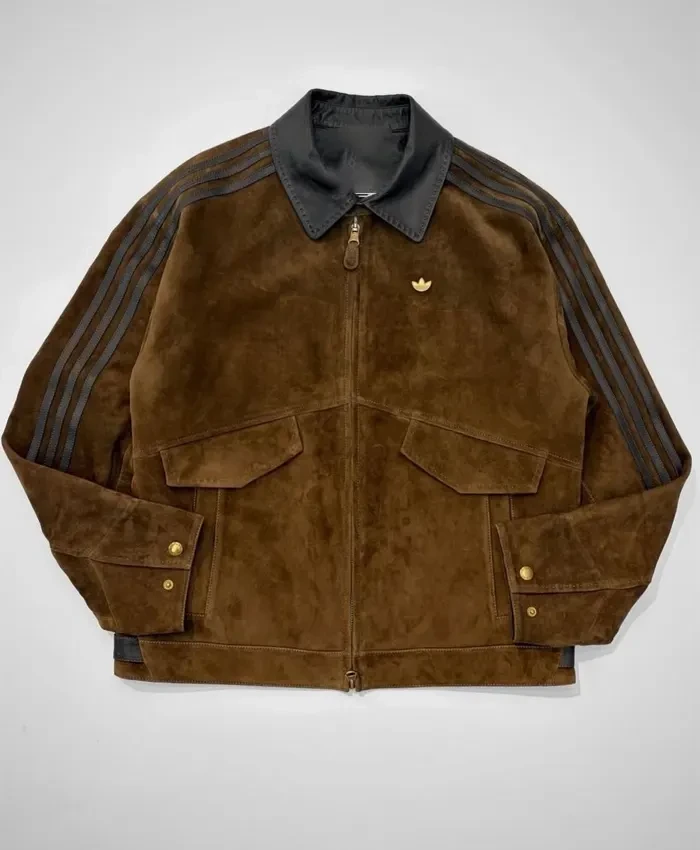 Shop Adidas Originals Refined Luxe Suede Leather Dark Brown Jacket front view