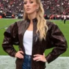 Shop-Allegiant-Stadium-2026-Brittany-Mahomes-Brown-Leather-Jacket-On-Sale