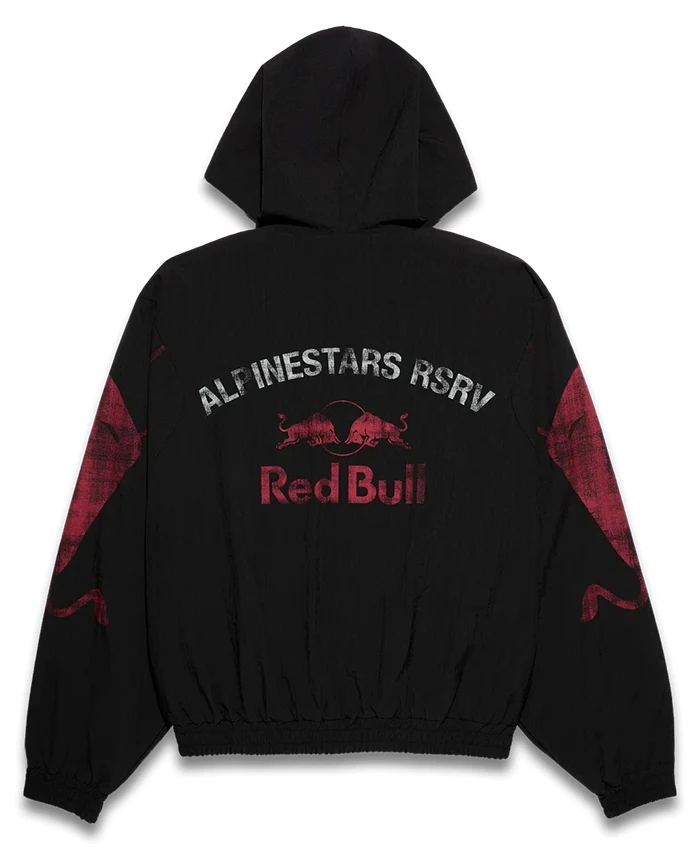 Shop Alpinestars RSRV x Red Bull Black Hooded Fleece Track Jacket back view