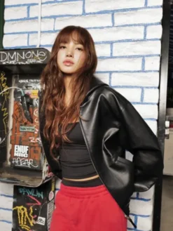 Shop K-Pop LISA x Von Dutch Hollywood Black Leather Bomber Jacket With Hood