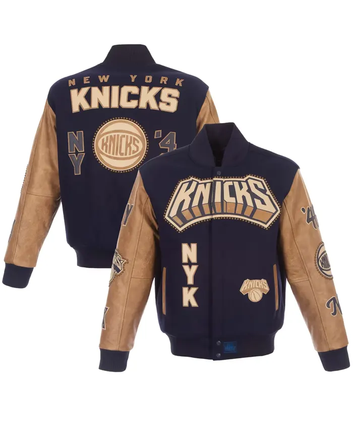 Shop New York Knicks JH Design Wool Leather Full-Snap Varsity Jacket at Discounted Price