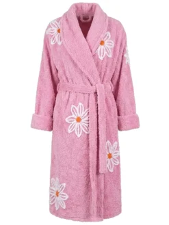 Shop Pink Fluffy Falling Daisies Chenille Terry Towel Bathrobe front view