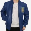Shop Pokemon Armored Water 2026 Turtle Blue Bomber Leather Jacket front view