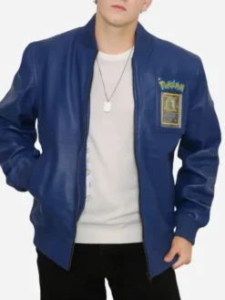 Shop Pokemon Armored Water 2026 Turtle Blue Bomber Leather Jacket front view