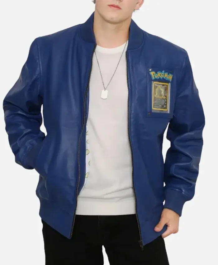 Shop Pokemon Armored Water 2026 Turtle Blue Bomber Leather Jacket front view