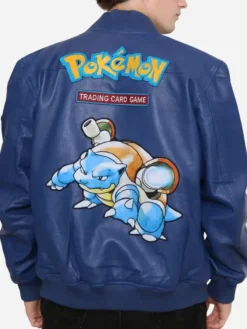 Shop Pokemon Armored Water Turtle 2026 Blue Leather Bomber Jacket back view