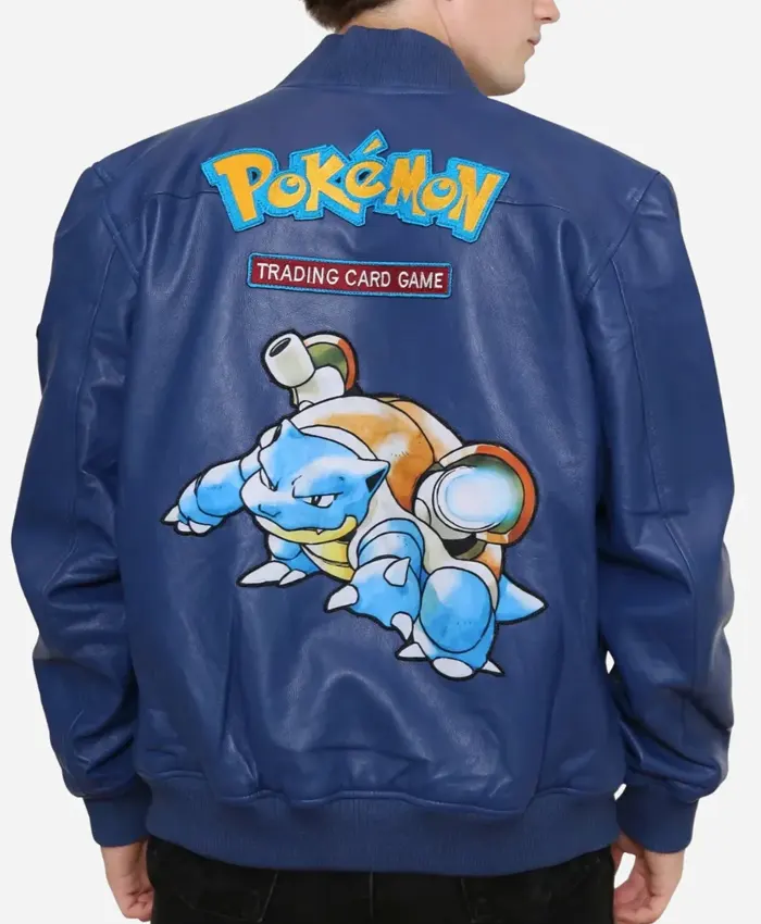Shop Pokemon Armored Water Turtle 2026 Blue Leather Bomber Jacket back view