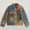 Shop Premium E Oversized Utility Denim Flap Pocket Blue And Brown Jacket front view