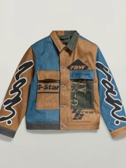 Shop Premium E Oversized Utility Denim Flap Pocket Blue And Brown Jacket front view
