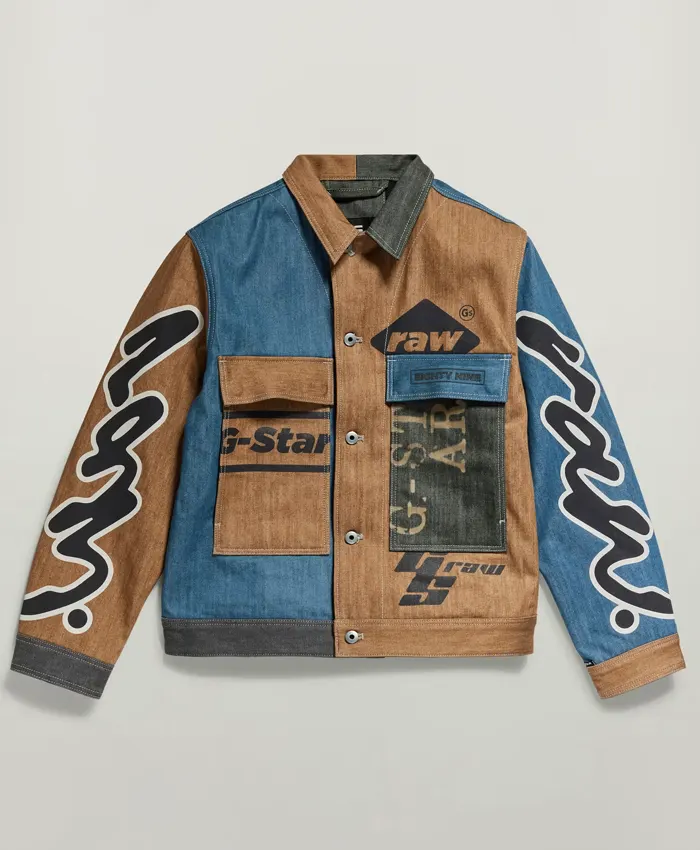 Shop Premium E Oversized Utility Denim Flap Pocket Blue And Brown Jacket front view