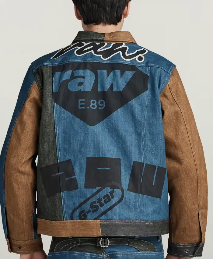Shop Premium E Oversized Utility Flap Pocket Blue And Brown Denim Jacket back view