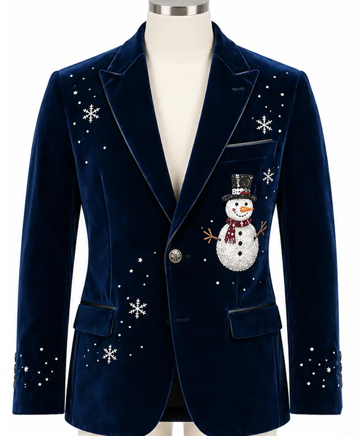 Snowman-Christmas-Blue-Velvet-Blazer