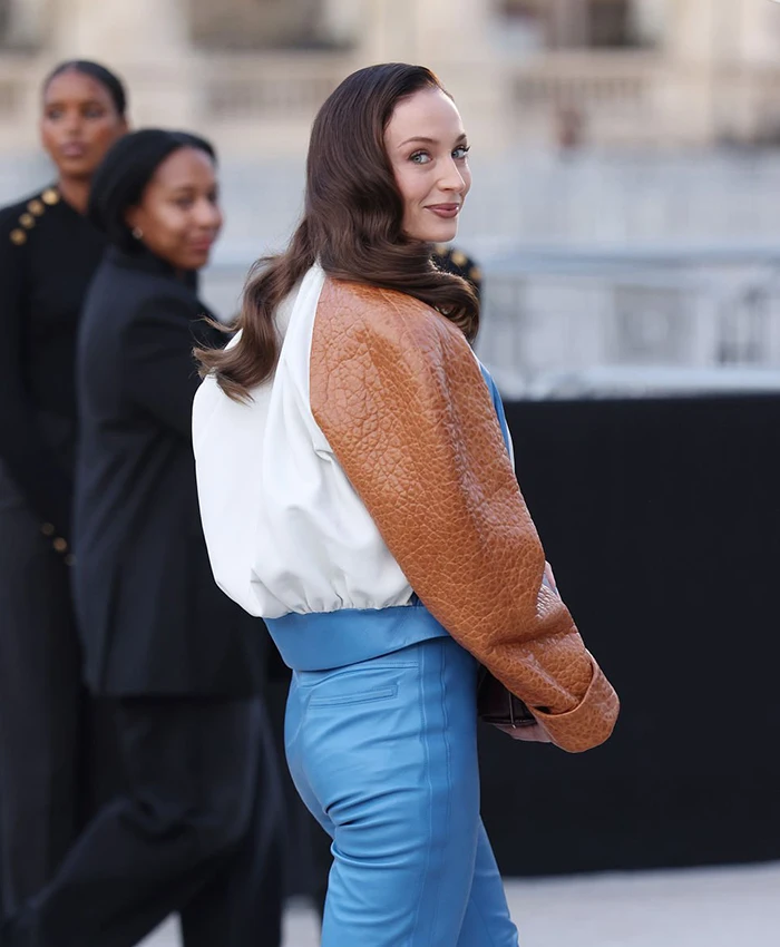 Sophie-Turner-Paris-Fashion-Week-2026-White-and-Blue-Panel-Cropped-Leather-Jacket-Back