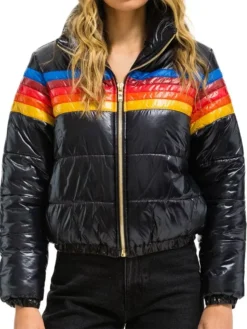 Ted Lasso Rebecca Lowe Stripes Rainbow Puffer Jacket