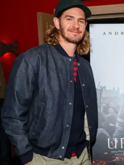 The-Uprising-Screening-2026-Andrew-Garfield-Blue-Denim-Bomber-Jacket