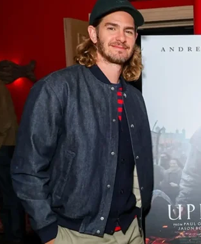 The-Uprising-Screening-2026-Andrew-Garfield-Blue-Denim-Bomber-Jacket