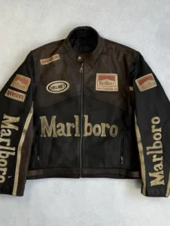 Vintage 90s Marlboro Racing Brown Leather Jacket