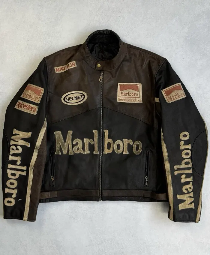 Vintage 90s Marlboro Racing Brown Leather Jacket