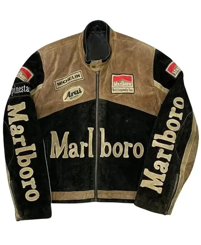 Vintage Marlboro Racing Suede Leather Biker Motorcycle Jacket For Men