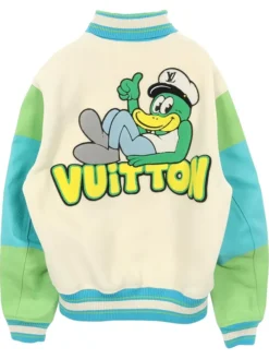 Virgil Abloh Louis Vuitton Pre-Owned 10s Duck-Appliqué Cream Varsity Jacket back view