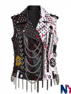 WWE Monday Night RAW 2026 Rhea Ripley Leather Chain and Spiked Black and White Vest front view