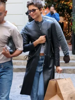 Zendaya Paris Black Leather Trench Coat