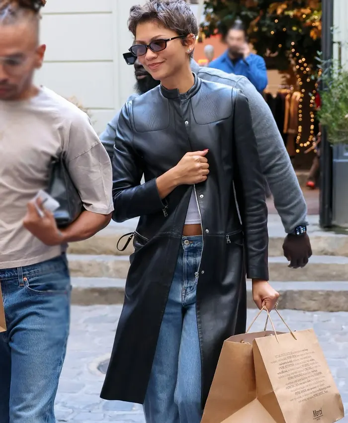 Zendaya Paris Black Leather Trench Coat